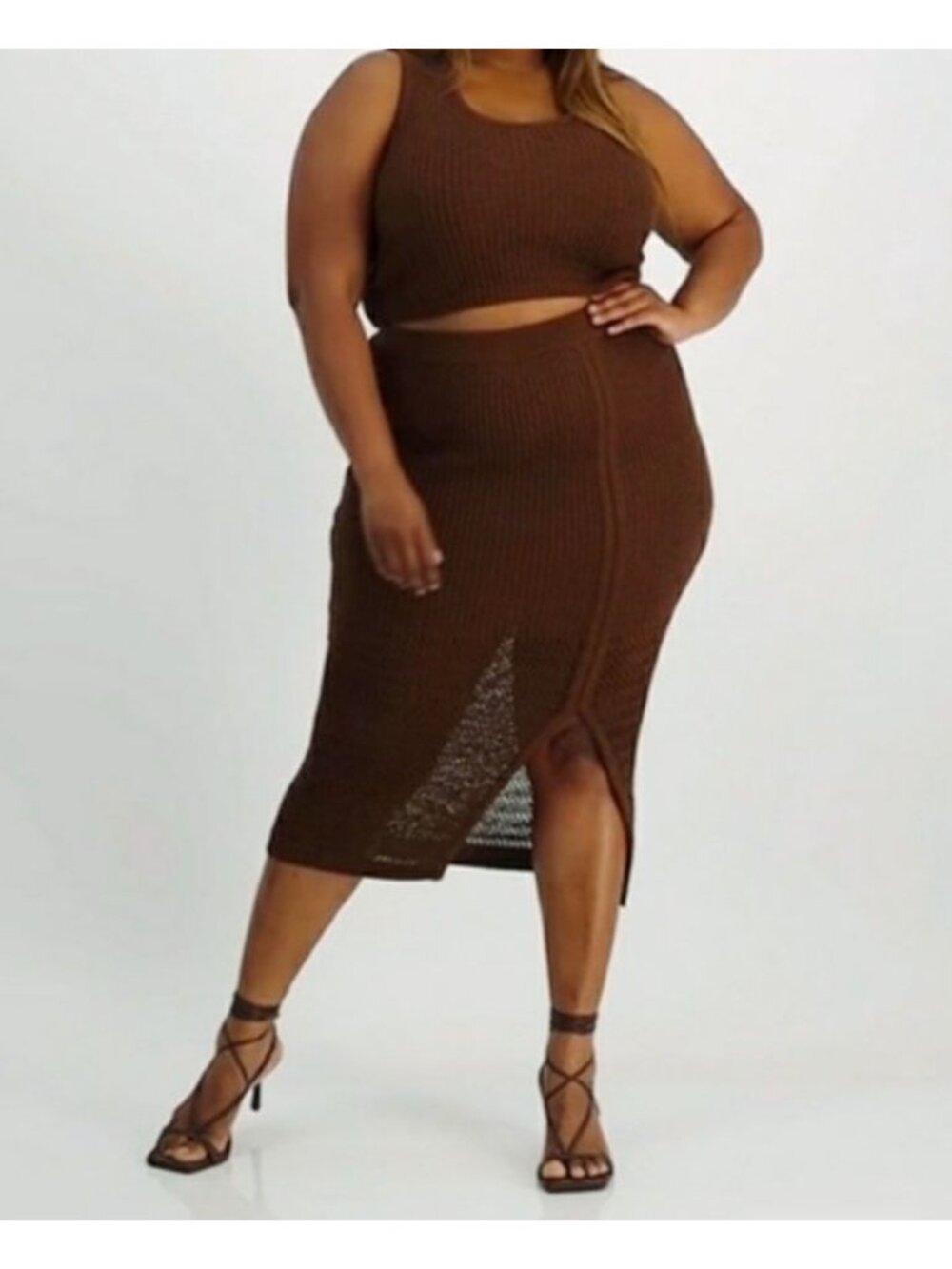 Nina Parker Brown Knit Pencil Crochet Midi Skirt with Front Slit 3X NWOT